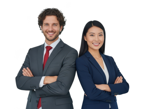 Smiling diverse business professionals in suits with arms crossed isolated on transparent background
