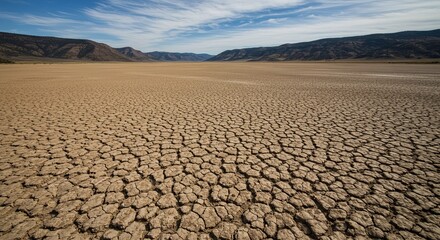 Vast cracked earth landscape under dramatic sky offers stark beauty and environmental commentary.