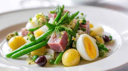 nicoise salad close up, tuna, green beans, hard boiled egg, potatoes, olives, fine dining plate, elegant presentation