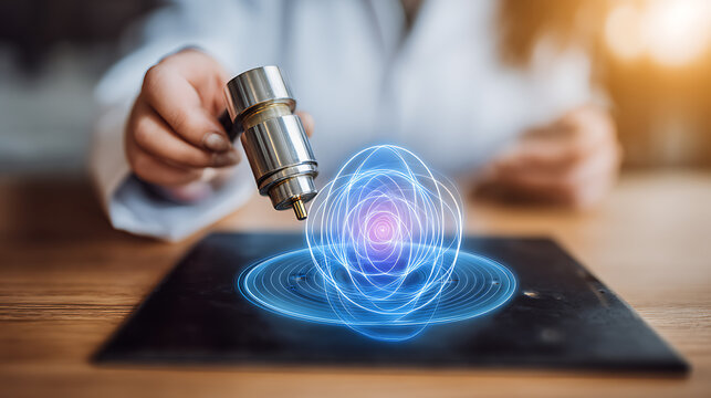 Scientist demonstrates electromagnetic field visualization using a handheld device over a digital interface