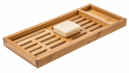 Eco friendly Bamboo Bathroom accessories concept. A bamboo soap dish with a bar of soap placed on it.