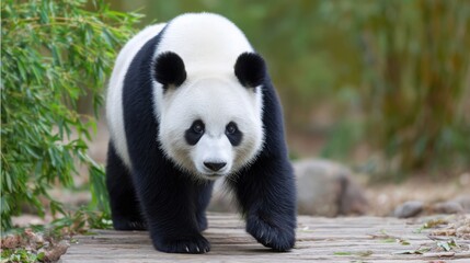 Obraz premium panda walking close up, strong body, bamboo forest background, natural daylight, photorealistic wildlife photography