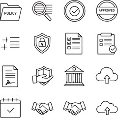 Legal fees and billing outline icons set &ndash; hourly rate clock, lawyer retainer agreement contract, attorney billing invoice receipt, hand receiving cash payment, line art vector