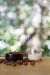 Glass with almond milk and whole almonds on the wooden table against nature background
