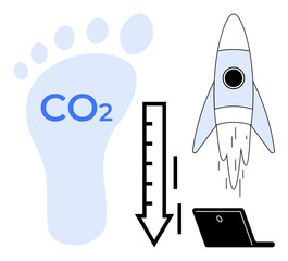Oversized footprint labeled CO2, downward arrow, rocket, and laptop highlight eco-friendly innovation. Ideal for sustainability, technology, green energy, eco-conscious growth, carbon neutrality