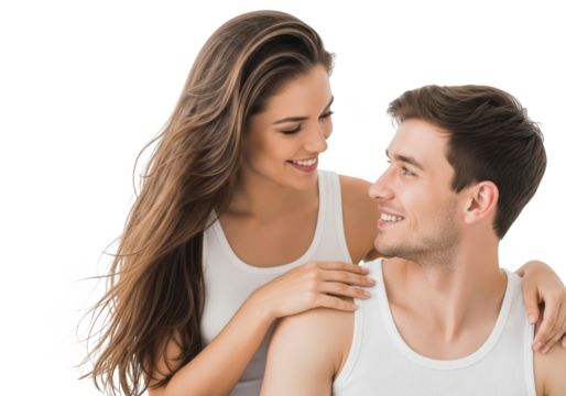 Young couple wearing white tank tops embracing and smiling together isolated on transparent background