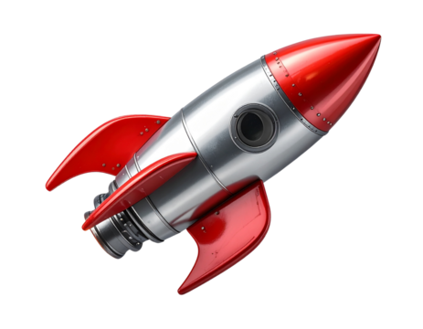  Vintage Silver and Red Toy Rocket, isolated on transparent background PNG - Powered by Adobe