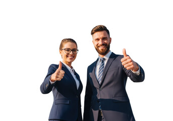 Two smiling business professionals giving thumbs up gesture isolated on transparent background