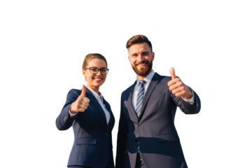 Two smiling business professionals giving thumbs up gesture isolated on transparent background