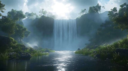Fototapeta premium Lush waterfall cascading down a cliff face in a misty jungle