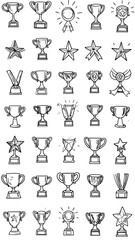 Obraz premium A grid of hand-drawn trophies, stars, and award ribbons
