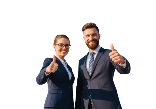 Two smiling business professionals giving thumbs up gesture isolated on transparent background
