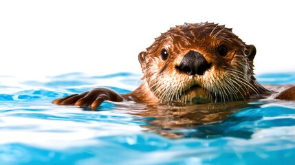 Close-Up of a Playful Otter in Water with Bright Blue Background and Captivating Expression