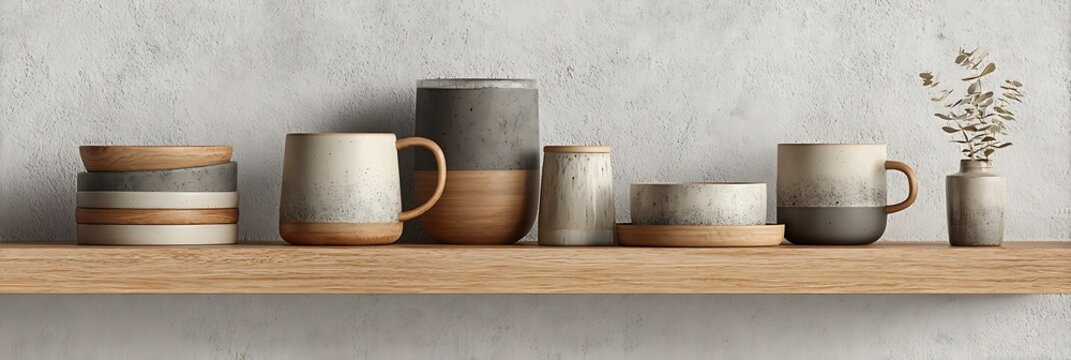 Set of ceramic cups on shelf mockup in neutral tones with modern matte finish