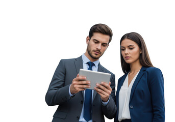 Business professionals collaborate on a tablet device isolated on transparent background
