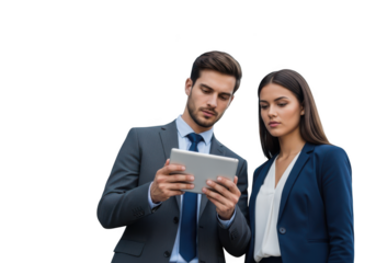 Business professionals collaborate on a tablet device isolated on transparent background