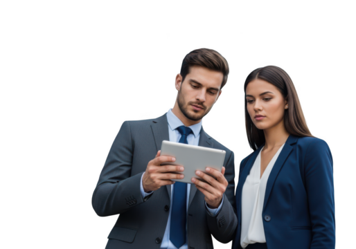 Business professionals collaborate on a tablet device isolated on transparent background
