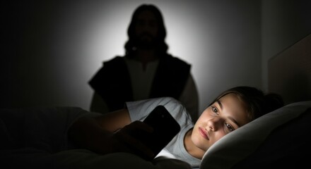 Young woman lying in bed browsing phone in dark with Jesus looking over her. Concept of modern faith, temptation and spiritual reflection.