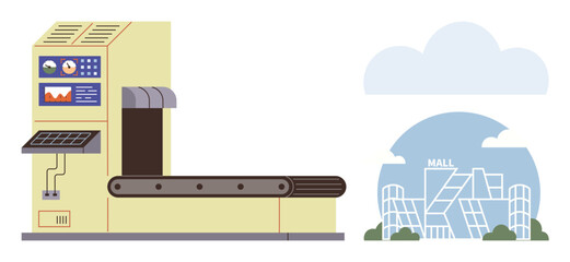 Electric conveyor belt with control panel, transporting goods towards a modern shopping mall skyline. Ideal for automation, retail, logistics, innovation, technology, business commerce. Simple flat