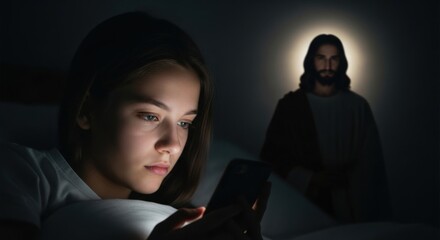 Woman using smartphone in dark room with Jesus Christ figure in background. Modern Christian faith concept.