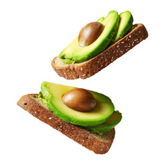 Rye toasts topped with avocado, seeds, egg yolk, and herbs, floating against white transparent background, concept of healthy breakfast meal
