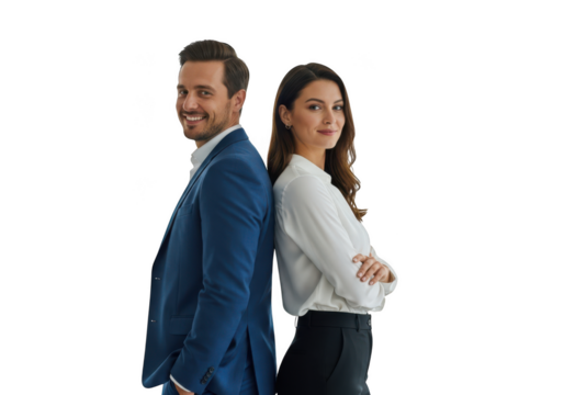 Smiling man and woman in business attire standing back to back isolated on transparent background - Powered by Adobe