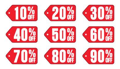 Promotion hold tag. Special offer discount on red tags shapes with different value percent off 90, 80, 70, 60, 50, 40, 30, 20, and 10%.	