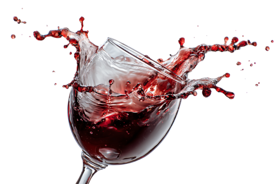 A dynamic splash of red liquid from a wine glass, captured mid-motion against a white isolated background, showcasing the vibrant colors and fluidity of the drink.