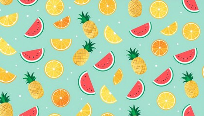 Desain pola mulus vektor daun musim gugur dan koleksi buah segar seperti apel, nanas, dan jeruk