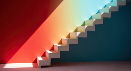 Obraz premium Colorful Wall With Stair Steps, Transitioning Shades From Red To Blue, Shadow and Light