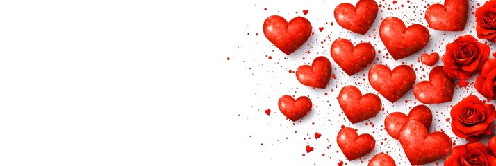 Romantic Red Hearts and Roses on White Background for Love Celebration or Greeting Card