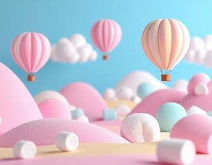 Pastel marshmallow Hot Air Balloons Over Dreamy Pink Hills in a Whimsical Sky Landscape