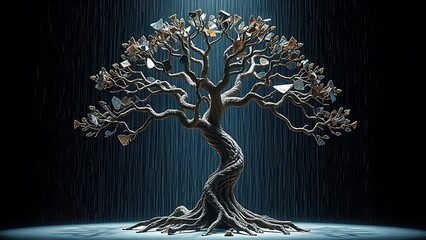 A shattered tree of life sculpture with digital binary rain, symbolizing evolution and technology.