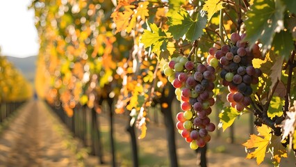 Autumn Vineyard with Ripe Grapes on the Vine