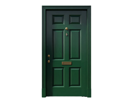  Classic Green Front Door with Brass Fixtures and Mail Slot, isolated on transparent background PNG