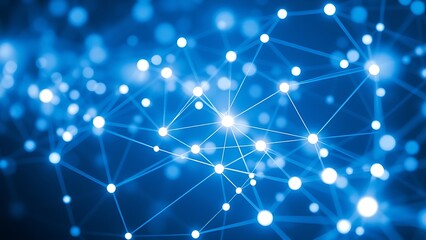 Abstract digital network with glowing blue and white nodes, illustrating connectivity and technology.