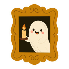 Cute ghost with candle in ornate golden frame — Halloween wall art, spooky but adorable haunted house decor, kids friendly ghost design for holiday clipart, greeting cards, festive posters.