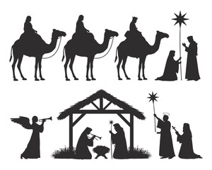 Nativity scene silhouettes with three wise men and angel