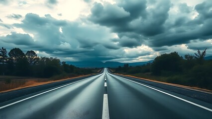 Panoramic view of an empty road under cloudy skies, capturing a serene and open landscape.