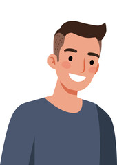 Smiling man with brown hair and blue shirt. Human cheerful face for communication and avatar. Happy expression for portrait.