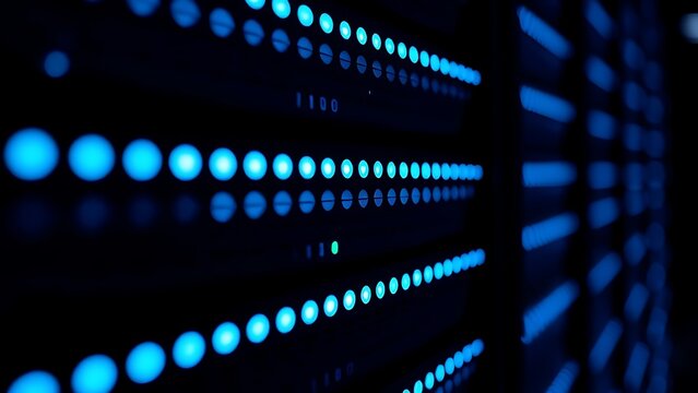 Close-up of glowing blue server rack lights creating an abstract technological pattern on a dark background.