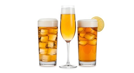 Three refreshing alcoholic beverages including beer and champagne with ice and lemon isolated on white background