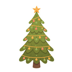 Fototapeta premium Festive green christmas tree decorated with lights and a star