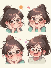 A girl with glasses showcases different emotions including happiness and surprise in a colorful cartoon style. Each expression highlights her playful character.