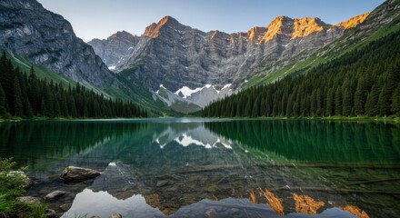 Serene mountain reflection over tranquil lake rocky mountains nature morning light scenic peaceful environment