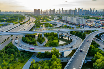 Modern city overpass traffic overhead