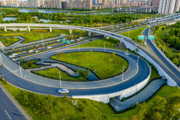 Modern city overpass traffic overhead