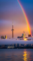 Rainbow over City Skyline with Fog.