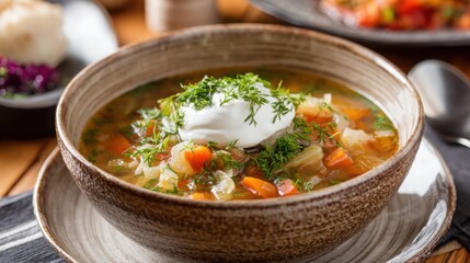russian shchi cabbage soup close up, rustic bowl, sour cream topping, fresh herbs garnish, traditional restaurant style