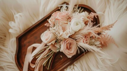 Elegant Blush Pink and White Rose Bouquet with Dried Foliage on Wooden Tray